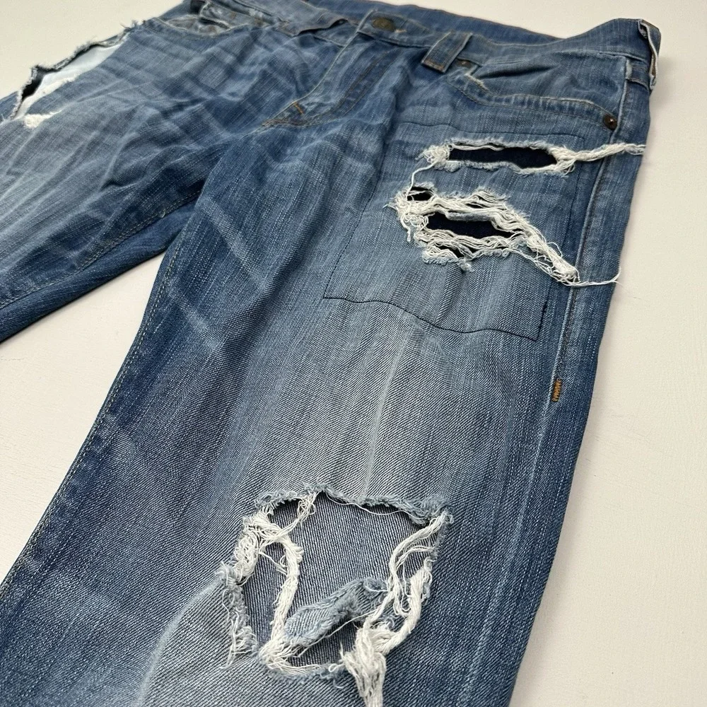 True Religion Geno Flap Relaxed Slim Jeans Mens 33x34 Distressed Blue Stretch